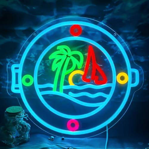 Image of Ship Porthole Neon Sign,Ocean Palm Tree Sign, Summer Holiday Led Light Up for Room Decor, Tropical Island Led Sign For Wall Decor Party Decor Gifts
