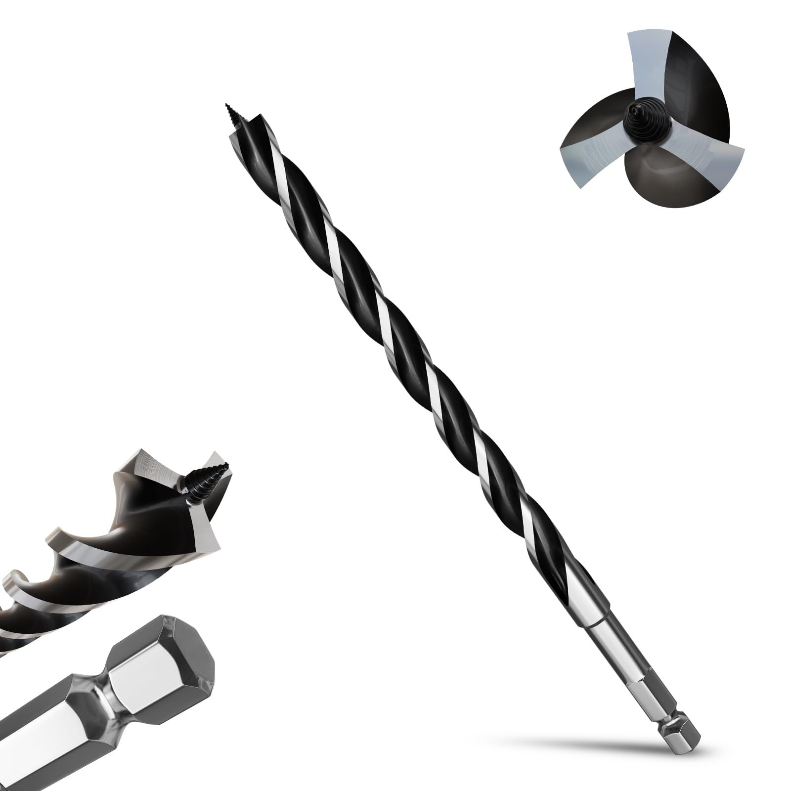 METOTY 16mmx300mm Auger Drill Bit Extra Long Drill Bits,12mm Hex Shank for Wood with Quick Change - 3-Cutter Design with Dual-Flute for Fast Chip Removal, Fits Hardwood, Softwood, PVC, Drywall — image 1