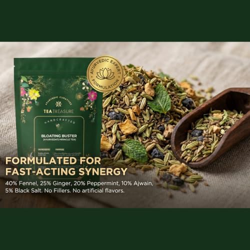 Image of Tea Treasure Bloating Buster Ayurveda's Miracle Tea | Supports Digestion, Reduces Bloating, Gas, Acidity & Burping | Fennel, Ginger, Ajwain, Peppermint & Black Salt | Feel Light After Every Meal | Caffeine Free Herbal Tea - 100g