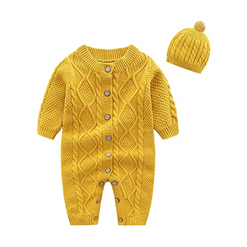 Image of IADOER Baby Newborn Boy Knitted Sweater Romper Cotton Longsleeve Outfit with Kids Winter Warm Hats Set