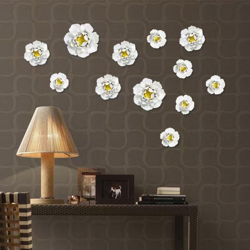 Image of Ceramic Flower Wall Art Decor, Artificial Flower Wall Sculpture,Handmade Ceramic Flowers for Home,Hallway,Living Room, Kitchen,Bathroom (White, Peony, 2.76 inch)