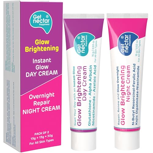 Get Nectar Happiness Glow Brightening Day & Night Cream Duo with Glutathione, Alpha Arbutin, Niacinamide, Kojic Acid & Ferulic Acid for Dark Spots, Pigmentation, Tan Removal & Glowing Skin for Men & Women Lightweight & Non-Greasy 15x2=30g Each