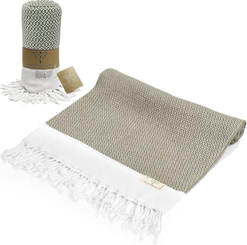 SMYRNA TURKISH COTTON Original Series Turkish Beach Towel Oversized, 37x71 inch, Extra Large Quick Dry Sand Free Beach Blanket, Lightweight Cotton Pool, Spa, Travel, Gym, Adult Bath Towel, Army Green