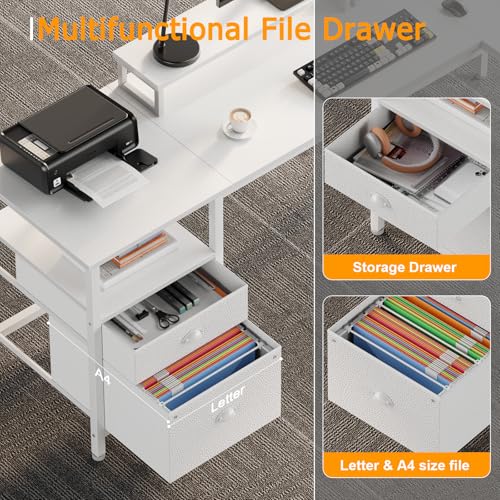 Image of Furologee White 59 inch L Shaped Desk with Power Outlet, Reversible Computer Desk with File Drawer & 2 Monitor Stands, Corner Home Office Table with Storage Shelves for Gaming Writing