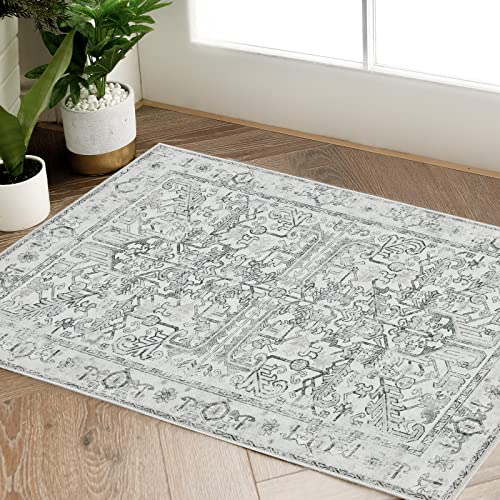 TOPICK Door mat Washable 60x90cm Grey Entryway Rug Indoor Vintage Print Small Doormat Thin Lightweight Non Slip Carpet for Kitchen Bathroom