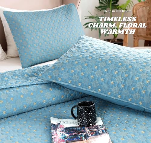 Image of SANMARINO Solid 100% Cotton Multi-Needle Quilted Ultrasonic Bedcover Set - 280 TC, Soft & Lightweight, King Size /Double (90x100 in /228X254 cm), Coverlet with 2 Pillow Cases-Sky Blue