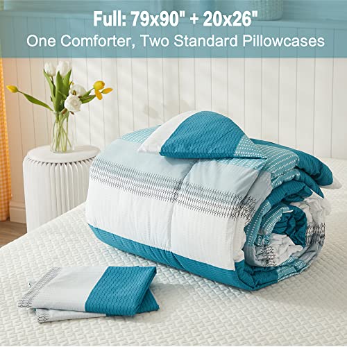 Litanika Full Comforter Set White Teal - 3 Pieces Lightweight Fluffy Bedding Comforter Sets, All Season Down Alternative Comforter (1 Comforter, 2 Pillowcases)