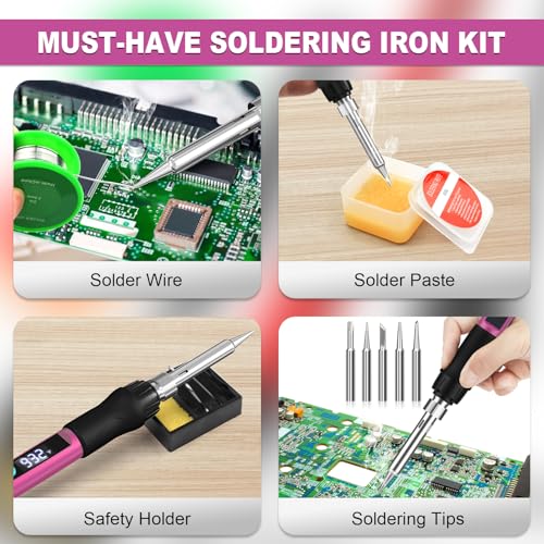 Soldering Iron Kit, 100W Soldering Gun with LED Digital Display, Adjustable Temperature 356-932℉ Solder Kit for Electronics, Includes Soldering Tip, Solder Wire, Stand, Tweezers and Paste, Rose Red