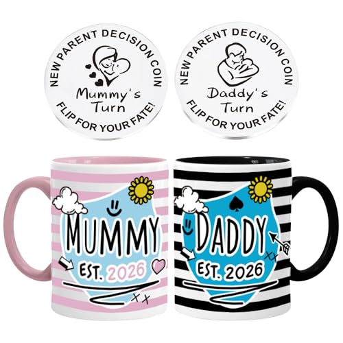Hojalis New Mum Dad Coffee Mugs Set with 1 Double-Sided Decision Coin Mummy and Daddy Mugs Pregnancy Gift for Mum Expecting New Mummy Daddy Gifts Couple Gifts for Parents Frist Time Mom Dad (C)