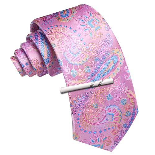 Image of Barry.Wang Paisley Tie for Men Silk Woven Necktie and Tie Clip Set Wedding Party Business Formal