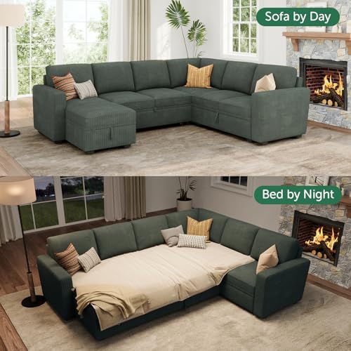 Image of HONBAY Modular Sectional Sleeper Sofa with Pull Out Bed, Corduroy Couch with Storage Seats Ottoman, U Shaped Sectional Couches for Living Room, Green