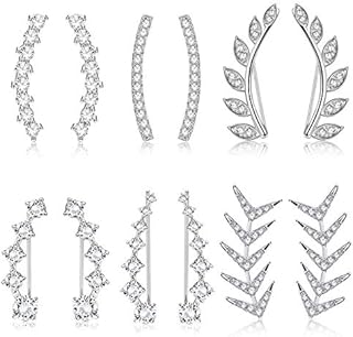 CASSIECA 6 Pairs Leaf Earring Cuff Ear Climber Cubic Zirconia Stud for Women Girls Feather Ear Vine Wrap Stud Earring Hypoallergenic Earring