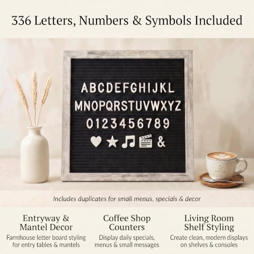 Image of C CRYSTAL LEMON Felt Letter Board 10x10 Inches - 336 Letters, Numbers & Symbols - Rustic Black Message Board with Wood Frame, Wall Mount & Display Stand | High contrast Rustic Black felt board with 336 letters, wood frame, stand and wall mount for home and counter messages