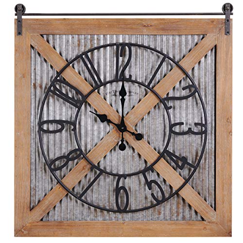 FirsTime & Co. Brown and Silver Fieldhaven Barn Door Wall Clock for Home Office, Kitchen, Living Room, Bedroom, Square, Wood and Metal, Farmhouse Decor, 29 x 27 inches - Thumbnail 2