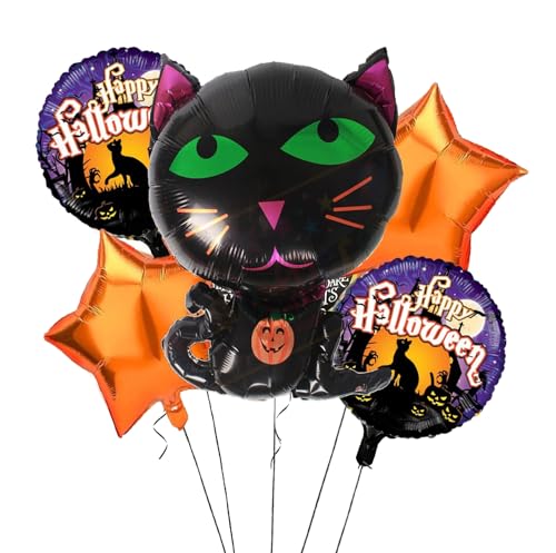 Image of AMFIN (Pack of 5) Happy Halloween Party, Haunted Cat Foil Balloons - Black