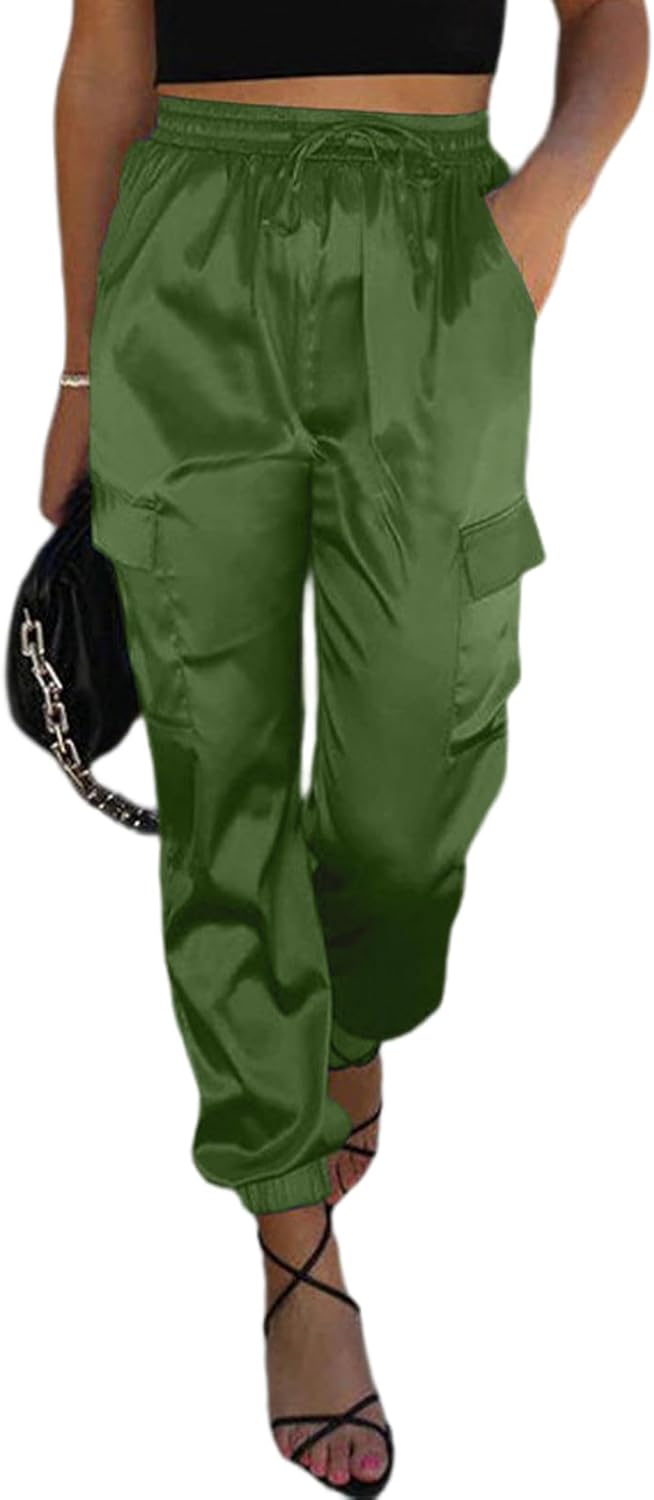 Small) EVALESS Satin Joggers for Women Drawstring Elastic High Waist Straight Leg Cargo Pants Long Lounge Pant Trousers with Pockets Small B Green