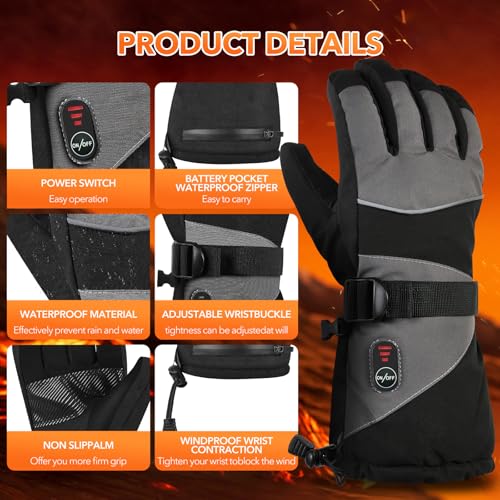 Jkevow Beheizbare Handschuhe für Herren Damen, Beheizte Handschuhe mit 5V 5000mAh Wiederaufladbarer Akku, 3 Heiztemperatur Einstellbare Motorradhandschuhe für Radfahren, Wandern, Skifahren