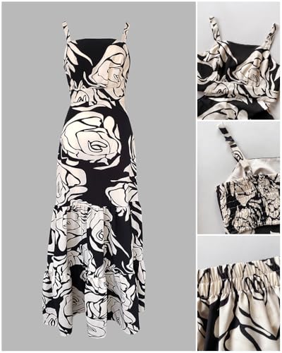 CHICME Summer Dresses for Women 2026 Sleeveless Casual Boho Maxi Dress Square Neck Hollow-Out Floral A Line Black Dress-M