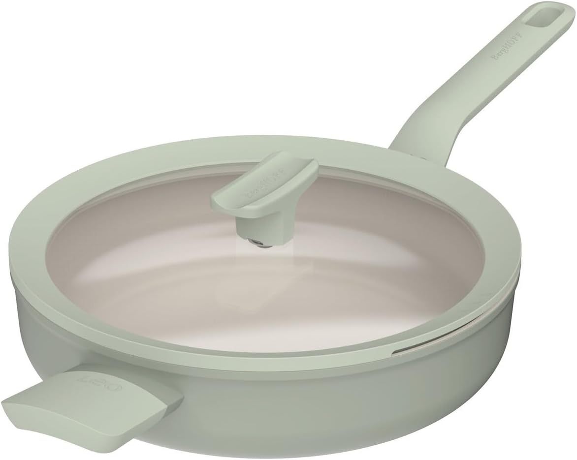BergHOFF Balance Nonstick Ceramic Sauté Pan 10.25in, 3.1qt. with Multifunctional Glass Lid, Recycled Aluminum, Non-toxic Coating, Stay-cool Long Handle, Induction Pan, Sage
