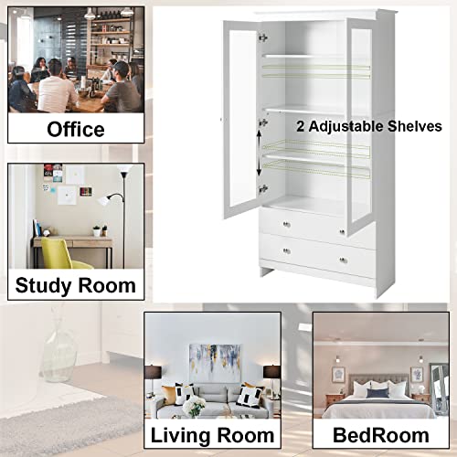 Yigobuy White Bookcase With Glass Doors Display Cabinet Wooden Bookshelf Organizer For Home Bedroom, Living Room, Office, Library With Doors, White Freestanding Kitchen Pantry #TOP6