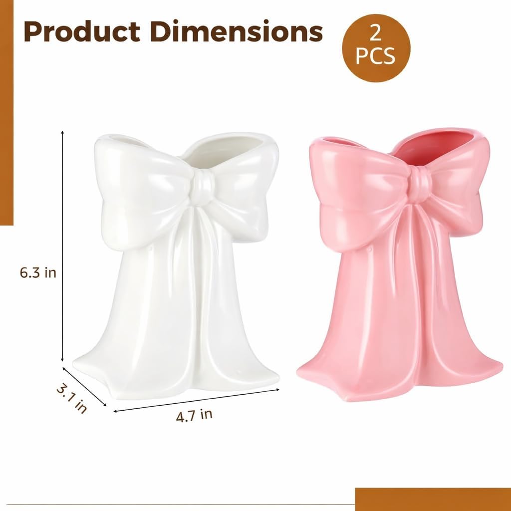 2 PCS Pink Bow Ceramic Vases, Coquette Bud Vase Set in Pink and White, Small Centerpiece Table Decor, Cute Ribbon Design for Flowers, Makeup Brush or Pen Holder, Home Office Wedding