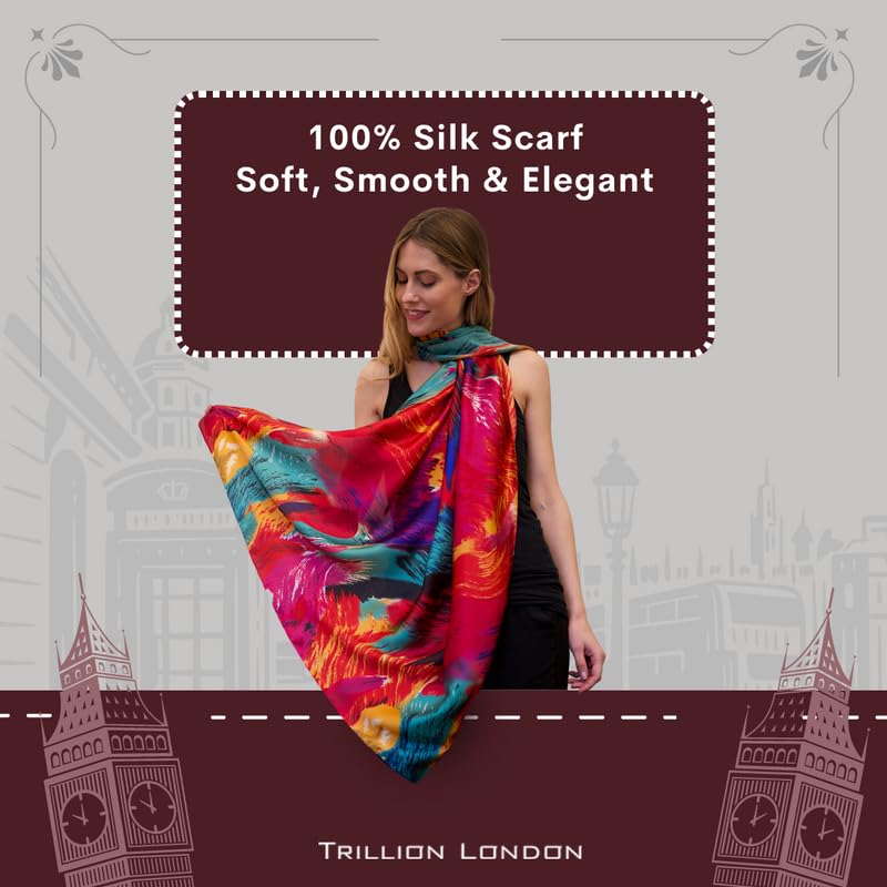 Image of Trillion London Spring Collection | Designer Silk Scarf For Women UK | Lightweight Neck Scarves | Shawl Wraps | Suitable for Daily Life | Smooth & Soft Finish | Gift for Women | Size-180cm x 90cm
