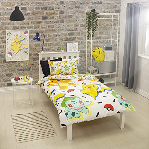 Pokemon Single Duvet Cover | Reversible Two Sided Fun Pokemon Bedding Featuring Pikachu, Squirtle & Charmander With Matching Pillow Case