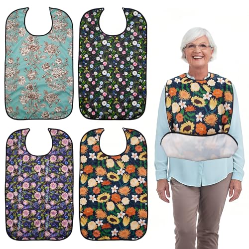 LURKOMEMO Adult Bibs for Women 4-Pack 1830 Waterproof&Washable Adult Bibs for Eating Gifts for Elderly Women Mom and People with Disabilities