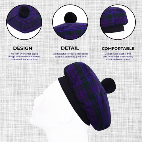 Image of Scottish Tam O' Shanter Hat Tartan Bonnet Pom Pom Wool Flat Cap One Size