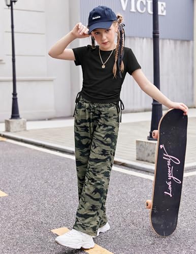 Image of Arshiner Girls 2 Piece Outfit Ruched Drawstring Tops and Wide Leg Pants Set