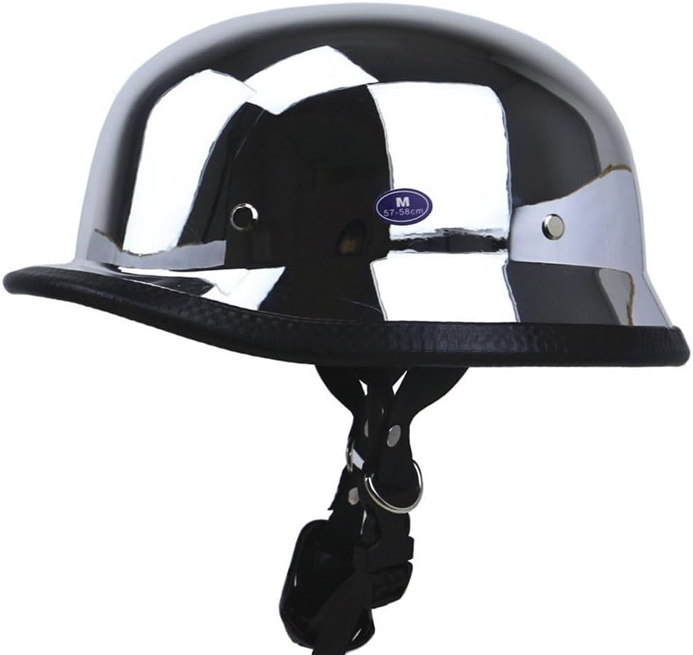 DOT Approved Open Face Motorcycle Half Shell Helmet Mirror Silver Chrome Portable German Style Helmet Cap, Retro Half Helmet for Men Women Crusier Moped Chopper Scooter