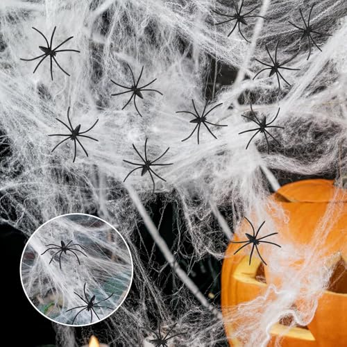 Ragnatela Decorativa Di Halloween, Ragnatela Di Halloween Bianca Da 100 G Con 40 Ragni Neri Spaventosi, Ragnatele Elastiche, Per La Decorazione Della Casa Stregata, Scena Spaventosa