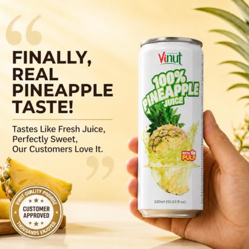 Image of VINUT 100% Pineapple Juice with Real Pulp, Vitamin C Rich, No Added Sugar, Not From Concentrate, Gluten Free & Non-GMO Drink, 100% Vegan /Plant-Based, 10.82 fl oz Cans (Pack of 6)