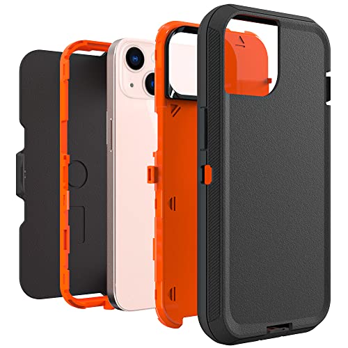 Image of Case for iPhone 13 Mini with Clip, Heavy-Duty Tough Rugged Shockproof Drop Protective Cover Phone Cases, Black+Orange