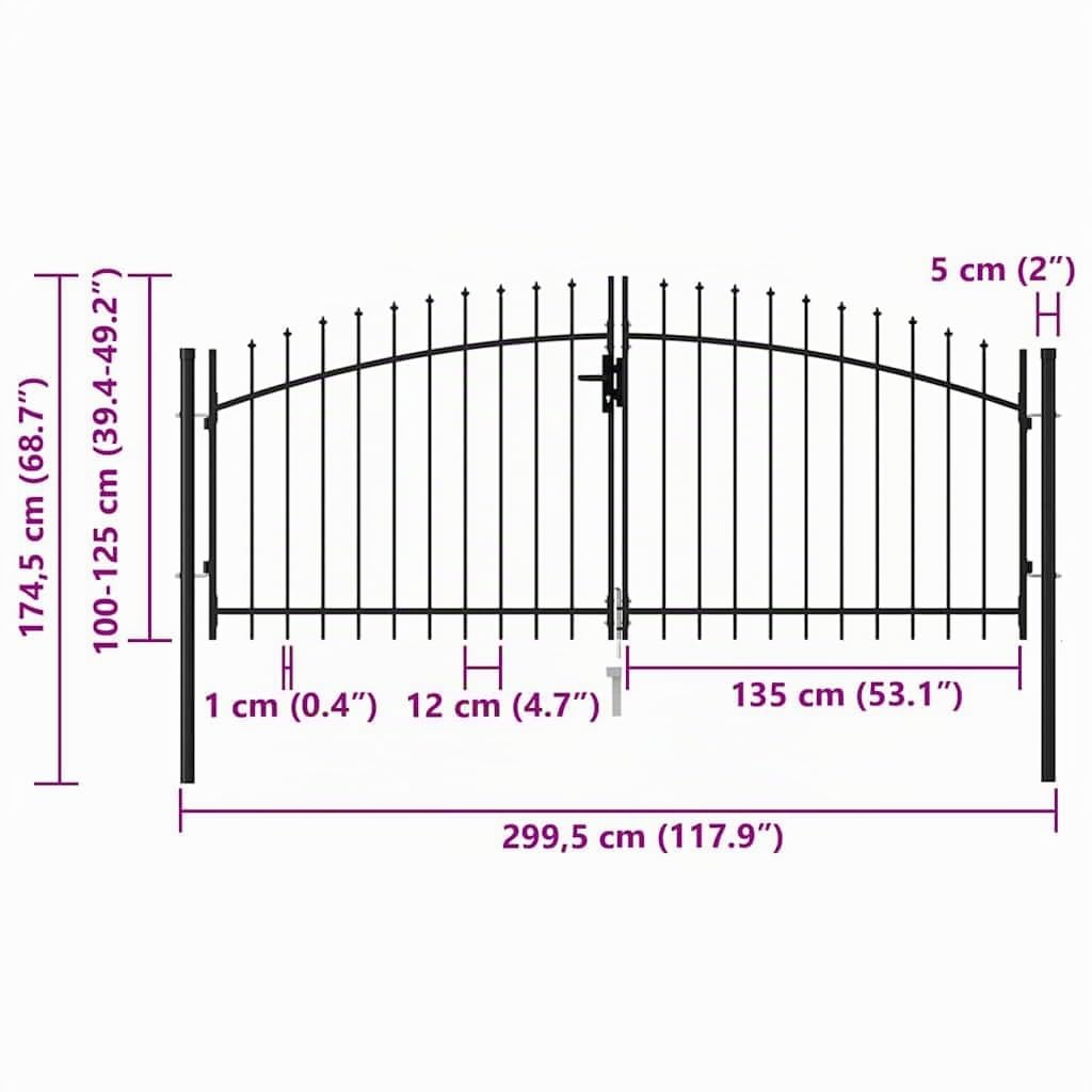 vidaXL Cancello per Recinzione a Doppia Anta Woerden con Punte Robusto Durevole Privacy con Serratura e Chiavi Ingresso Pedonale in Acciaio 299,5x174,5 cm Nero
