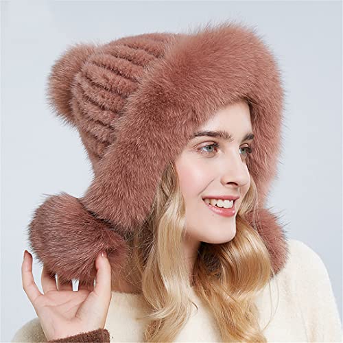 Desconocido Gorros de Piel de Invierno para Mujer, Gorros con pompón de Piel, Gorros de Piel de Punto con Forro cálido