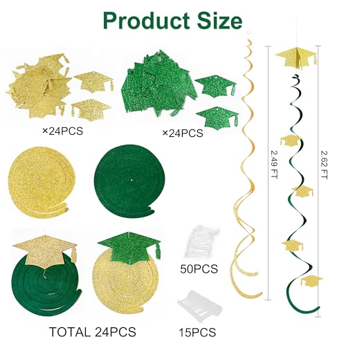 Image of 24Pcs Green Gold Graduation Grad Cap Hanging Felt Swirl Streamer Spiral Ceiling Garland for Congrats Grad You Did It Class of 2026 We are So Proud of You I'm Done Themed Party Decorations Supplies