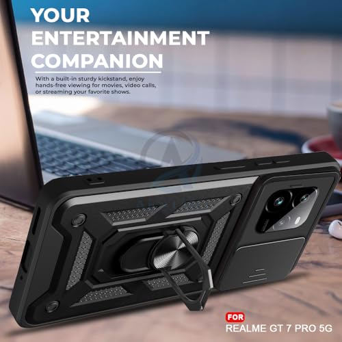 Image of AESTMO Tough Armor Realme GT 7 Pro 5G Bumper Back Case Cover | Ring Holder & Sliding Camera Shield Cover | 360 Degree Protection Back Case Cover for Realme GT 7 Pro 5G (Black)