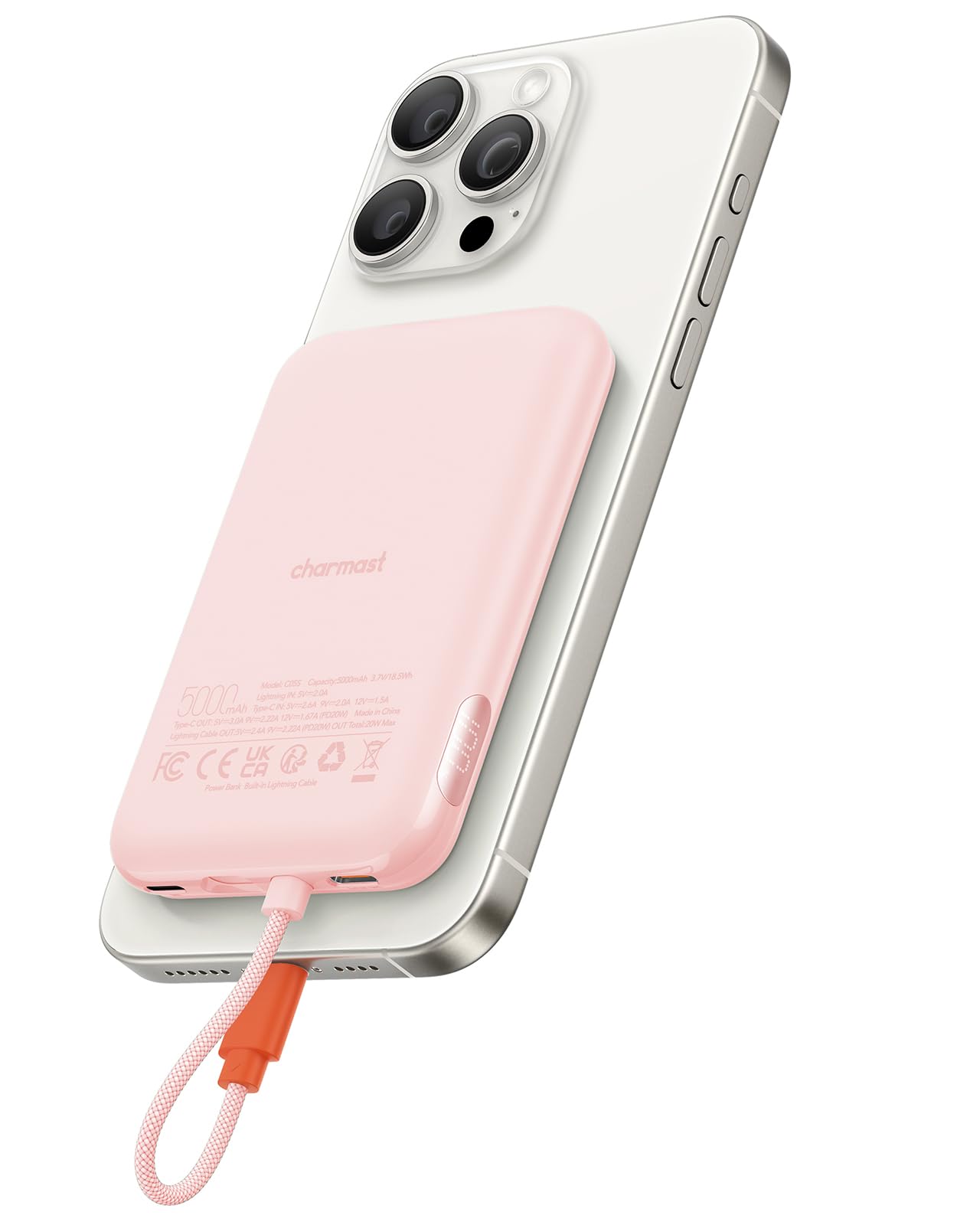 Slim Portable Charger, 20W Fast Charging Power Bank Built in for iPhone Cable 5000mAh, Digital Display Battery Pack (No-Wireless), Travel Portable Charger Compatible with iPhone Samsung Pixel