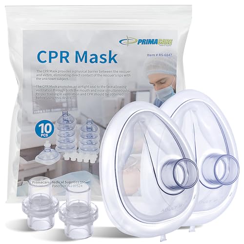 Image of Primacare RS-6847 CPR Rescue Masks, Pack of 10 - FDA Approved CPR Masks with One-Way Valves for Emergency Response, First Aid Kits, CPR Training & Rescue Breathing - Universal Adult Size
