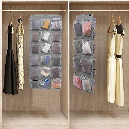 Dual-Sided Hanging Closet Organizer for Socks Underwear Bra Kids Storage Organizer for Baby Clothes Toddler Shoes with 26 Pockets (Grey-Mesh Pockets) - Image 3