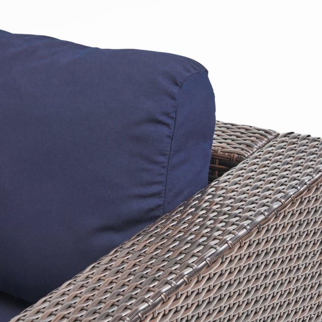 Image of DEVOKO HDPE Wicker Rattan 4-Piece Outdoor L-Shape Sectional Sofa Set with Chair and Glass Top Center Table for Patio, Garden, Deck, Lawn, Backyard, Terrace (Dark Brown & Navy Blue)