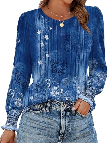 Zeagoo Long Sleeve Shirts for Women 2025 Fall Fashion Outfits Crew Neck Boho Floral Blouses Business Work Tunic Top