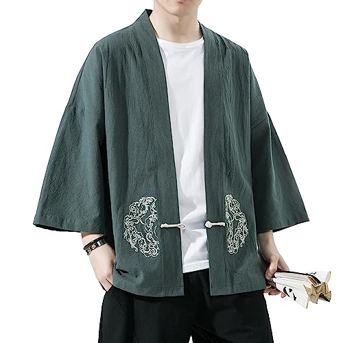 Image of Mens Kimono Cardigan Cotton Linen Japanese Shirt 3 /4 Sleeve Haori Yukata | Skin-Friendly Solid Color Lightweight Shawl Collar Kimono Robe Embroidery Button Tie Pockets Happi Coat All Season Daily Wear