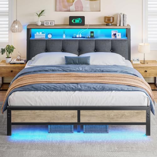 Image of Homkdom Queen Bed Frame with Upholstered Headboard & Charging Station