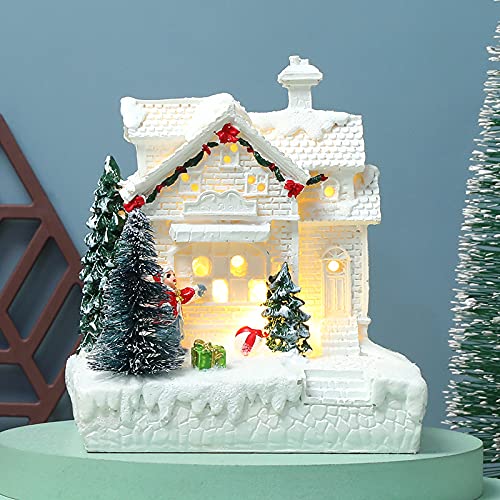 White Christmas Village House Decoration with Snow Christmas Tree LED Light Christmas Resin Village House Accessories Desktop Ornament Christmas Collectible Building for Christmas Home Decoration A
