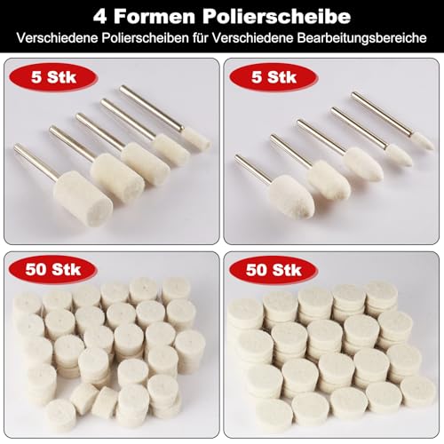 120 Stück Wollfilz Polierscheibe Set, 4 Form Polierscheibe, Wollfilz Montierter Dorn Polierset mit 1/8" Polieraufsatz, Wolle Filz Polieraufsatz für Uhren Schmuck Metall Glas Polieren – Bild 5