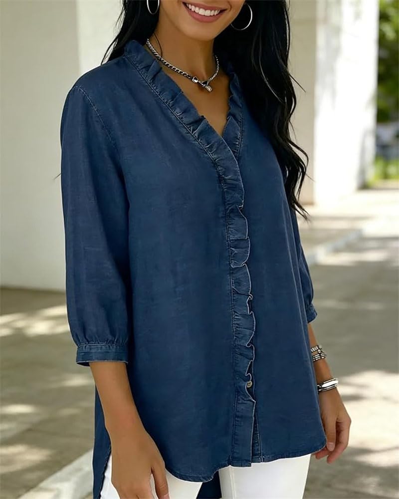 Camisa Vaquera con Volantes y Cuello V, Manga 3/4 Suave con Dobladillo Asimétrico para Primavera