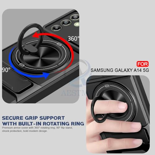 Image of AESTMO Samsung Galaxy A14 5G Back Cover | Armor Camera Slider 360 Degree Rotating Finger Ring Holder Case with Bracket Stand Back Case Cover (Compatible with MagSafe Accessories) (Black)