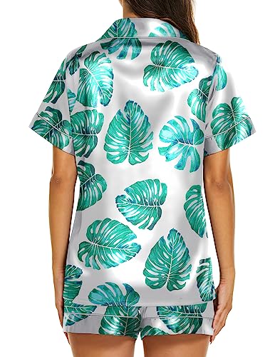 Image of Ekouaer Womens Pajama Sets 2 Piece Satin Silk Pjs Button Up Notch Collar Nightwear Short Sleepwear Set,Floral Green Leaves,Medium